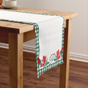 Green Gingham & Red Pomegranate Custom Monogram Short Table Runner