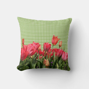 Green Gingham & Red Tulips Pillow