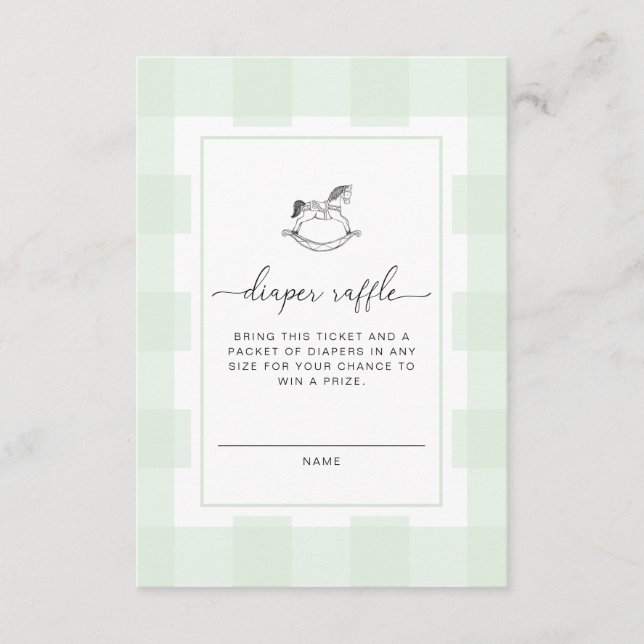 Green Gingham Rocking Horse Diaper Raffle Ticket Enclosure Card (Front)