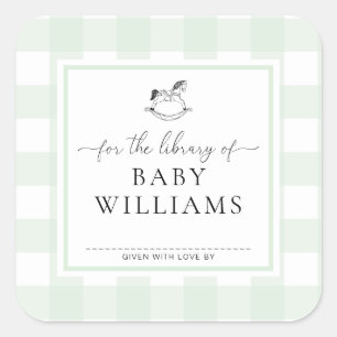 Green Gingham Rocking Horse Library Of Bookplate Square Sticker
