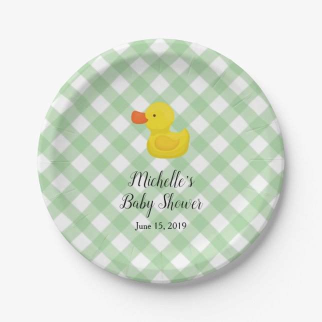 Green Gingham Rubber Duckie Baby Shower Paper Plate (Front)