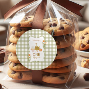  Green Gingham Silly Goose 1st Birthday Classic Round Sticker