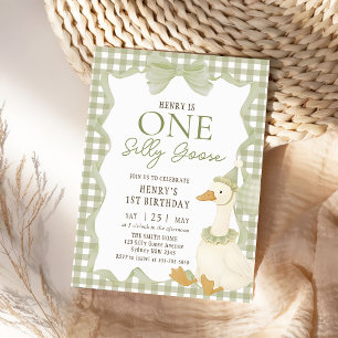 Green Gingham Silly Goose 1st Birthday Invitation