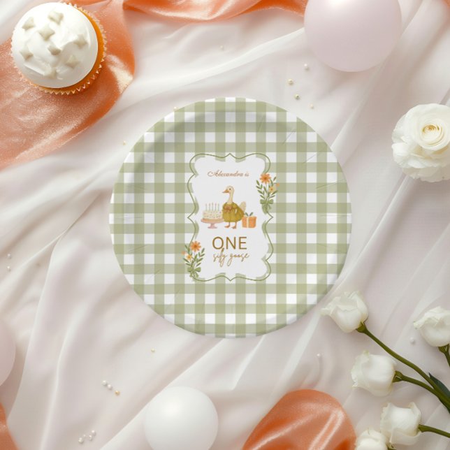  Green Gingham Silly Goose 1st Birthday Paper Plate (Creator Uploaded)