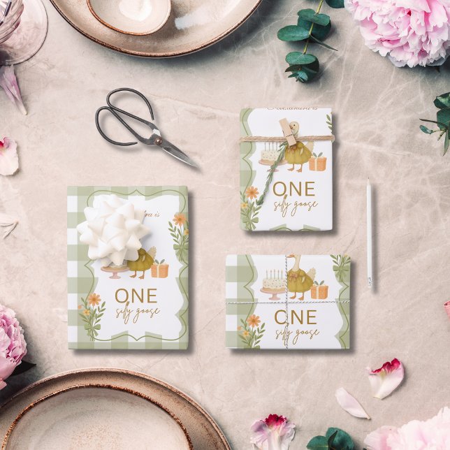  Green Gingham Silly Goose 1st Birthday Wrapping Paper Sheet (Creator Uploaded)