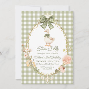 Green Gingham Silly Goose 2nd Birthday Invitation