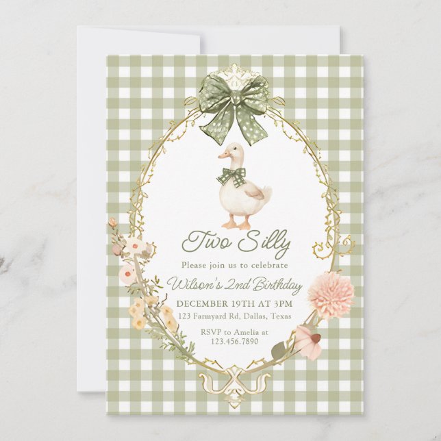 Green Gingham Silly Goose 2nd Birthday Invitation (Front)