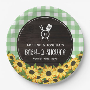 Green Gingham & Sunflowers Rustic Baby-Q Shower Paper Plate