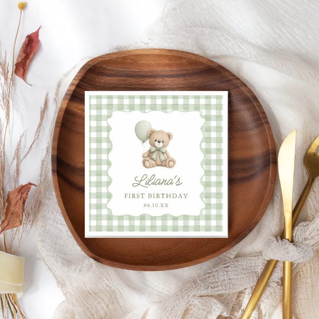 Green Gingham Teddy Bear Birthday Napkins (Creator Uploaded)