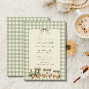 Green Gingham Train Baby Shower Invitation