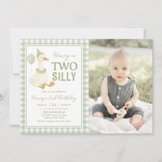 Green Gingham Two Silly Goose Birthday Invitation