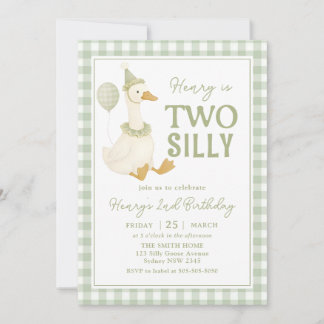 Green Gingham Two Silly Goose Birthday Invitation