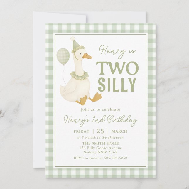 Green Gingham Two Silly Goose Birthday Invitation (Front)