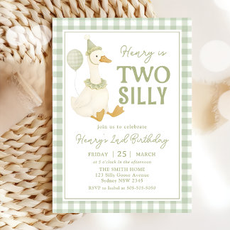 Green Gingham Two Silly Goose Birthday Invitation