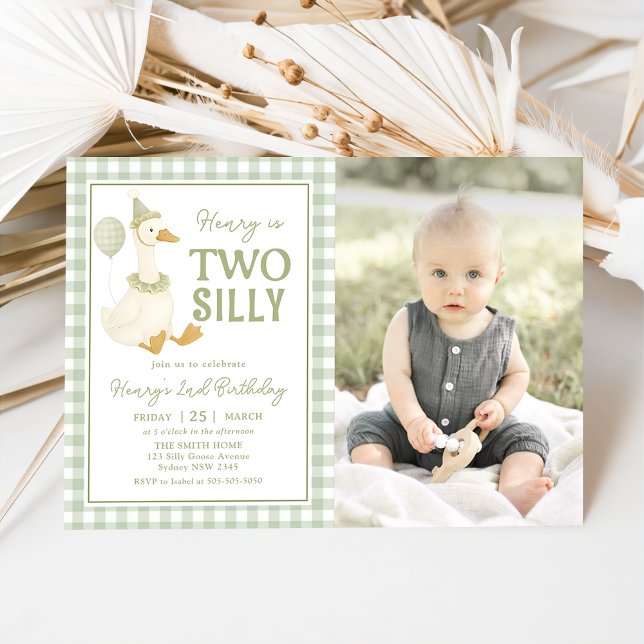 Green Gingham Two Silly Goose Birthday Invitation (Creator Uploaded)