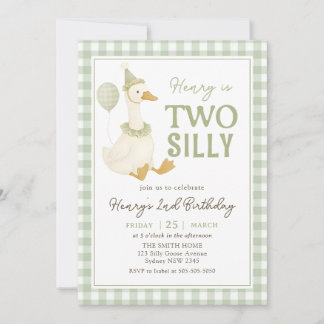 Green Gingham Two Silly Goose Birthday Invitation