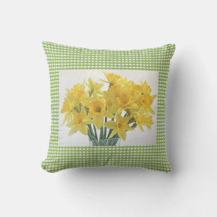 Green Gingham with Yellow Daffodils Square Cushion