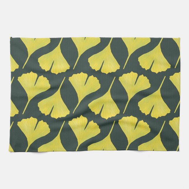 Green Ginkgo Leaf Pattern – Spring Botanical Tea Towel (Horizontal)