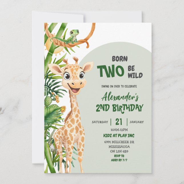 Green Giraffe Born Two Wild Safari Second Birthday Invitation (Front)