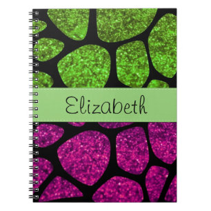 Green Giraffe, Pink Giraffe, Glitter, Your Name Notebook