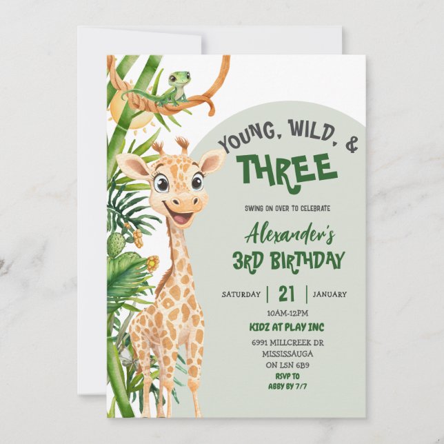 Green Giraffe Young Wild Three Third Birthday Invitation (Front)