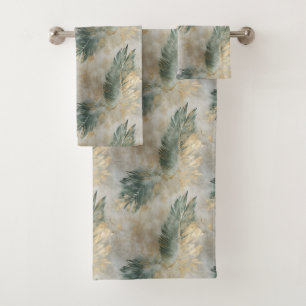 Green Glam Chic Gold White Tropical Leaves Bath Towel Set