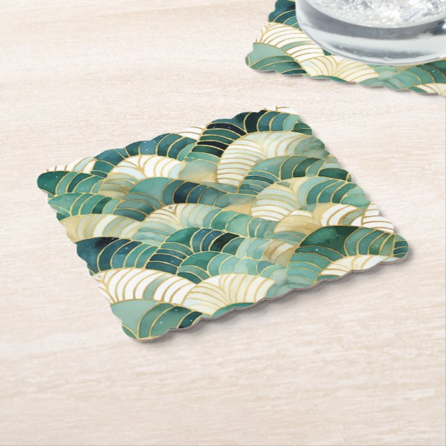 Green Glam Gold Abstract Paper Coaster (Angled)