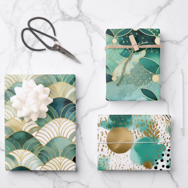 Green Glam Gold Abstract Wrapping Paper Sheet (Front)