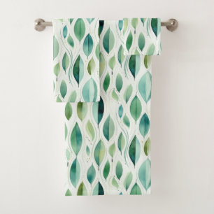 Green Glam Gold Leaves Abstract Bath Towel Set