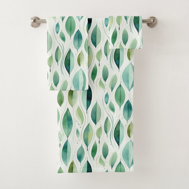 Green Glam Gold Leaves Abstract Bath Towel Set (Insitu)