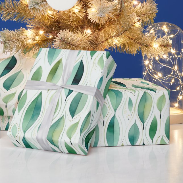 Green Glam Gold Leaves Abstract Wrapping Paper (Holidays)