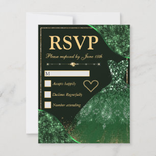 Green Glam Waves & Glitter Dress Sweet Sixteen RSVP Card