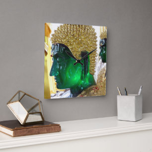 Green Glass Buddhas at a new temple, Thailand. Square Wall Clock