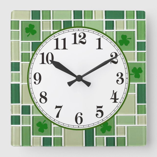 Green Glass Tiles and Shamrocks Square Wall Clock (Front)