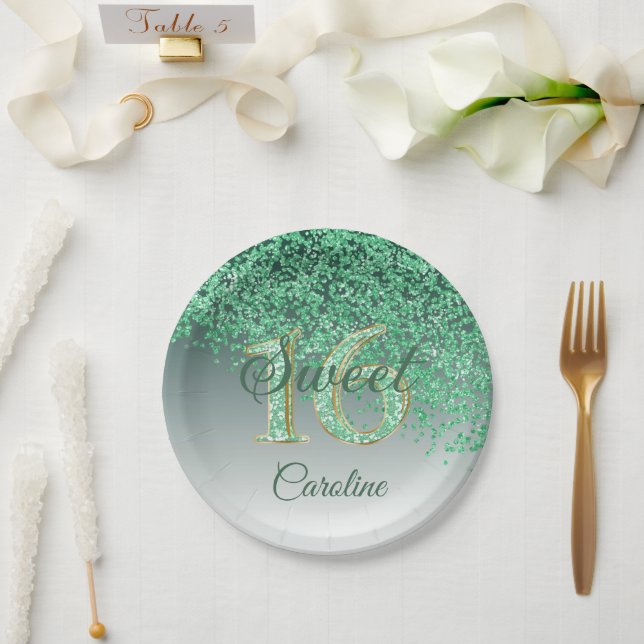 Green Glitter, 16 Glitter, Sweet 16 Birthday Paper Plate (Wedding)