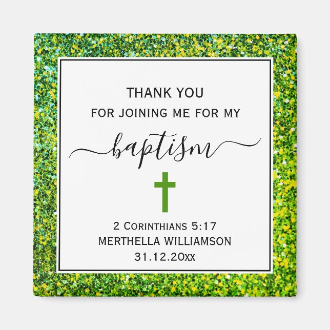 Green Glitter ADULT BAPTISM Thank You Magnet (Front)
