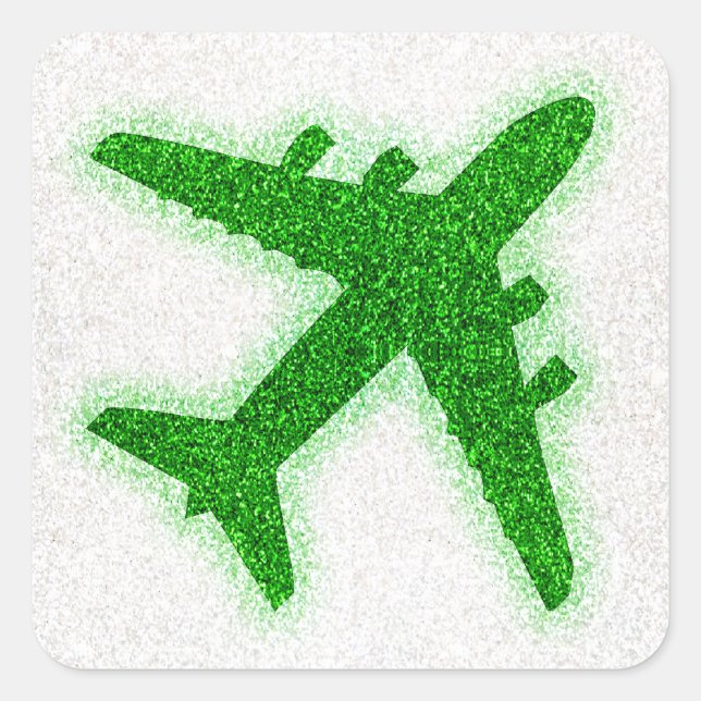 Green glitter aeroplane round sticker labels (Front)