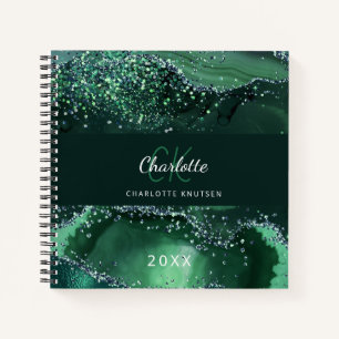 Green glitter agate marble monogram notebook