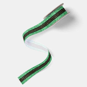 Green glitter and shiny gold stripes satin ribbon