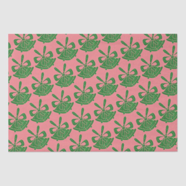 Green Glitter Bells on Pink Holiday  Tissue Paper (Front)