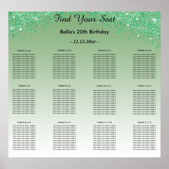 Green Glitter Birthday Alphabetic Seating Plan Poster (Front)