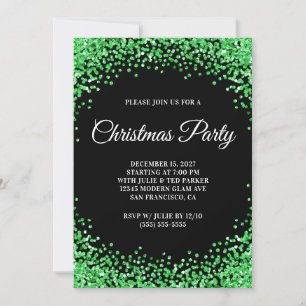 Green Glitter Border Black Christmas Party Invitation