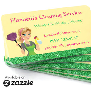 Green Glitter Cartoon Maid House Cleaning Service  Business Card