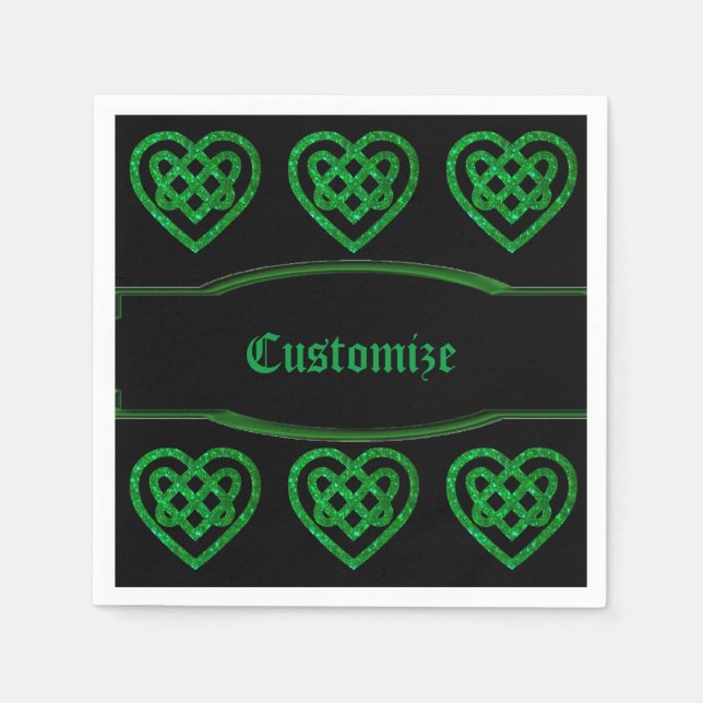 Green Glitter Celtic Heart Knot Pattern Napkins (Front)