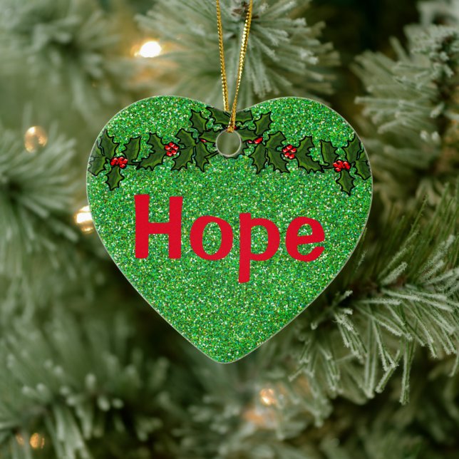 Green Glitter Christmas Hope - Custom Text Ceramic Ornament (Tree)