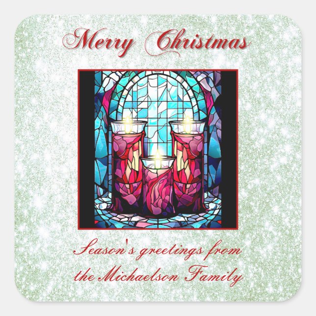 Green Glitter Christmas Stained Glass Candles Square Sticker (Front)