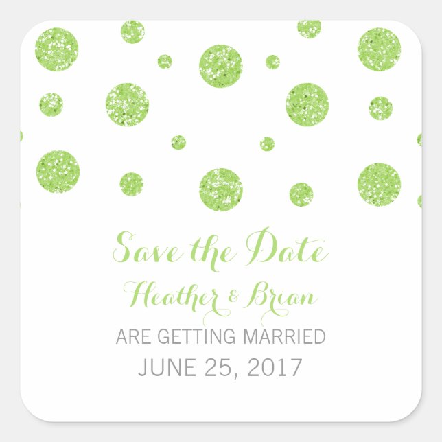 Green Glitter Confetti Save the Date Stickers (Front)
