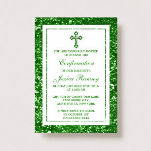 Green Glitter Cross Holy Communion / Confirmation Invitation