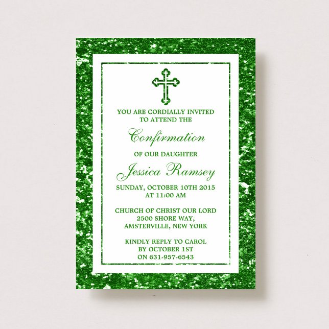 Green Glitter Cross Holy Communion / Confirmation Invitation (Creator Uploaded)