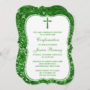 Green Glitter Cross Holy Communion Confirmation Invitation